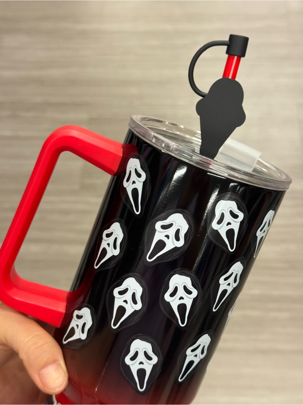 Black and Red Ghost Face Insulated Party Tumbler with Handle - Picture 3 of 3
